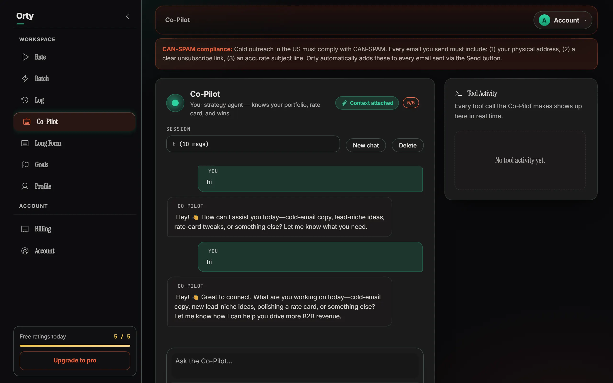 Orty Co-Pilot chat drafting a reply that quotes the editor's own rate card