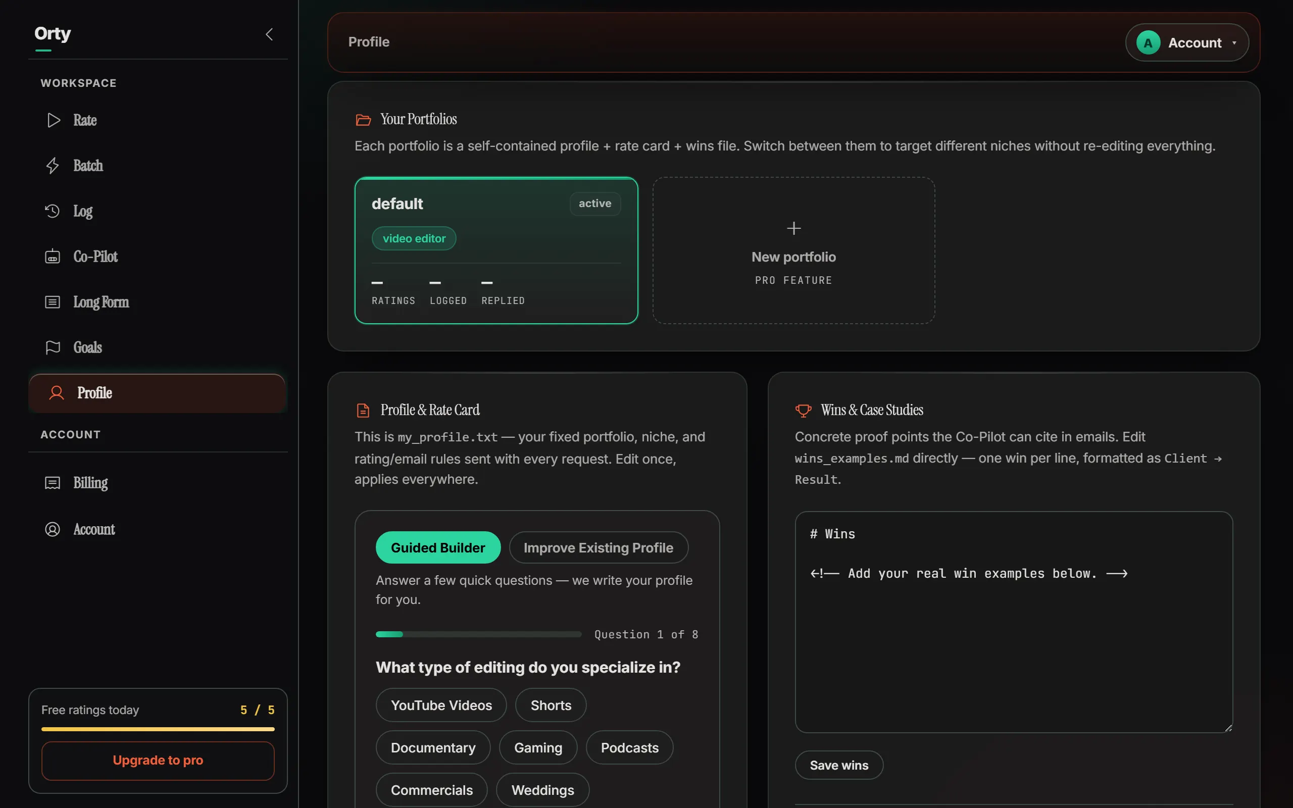 Orty Guided Profile Builder turning questionnaire answers into a client-ready bio